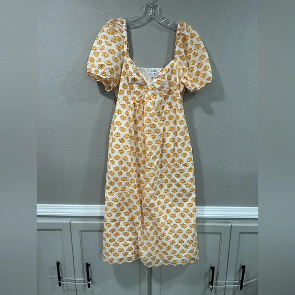 JCrew Orange White Flower Midi Ruffle Puff Sleeve Dress - Picture 4 of 9